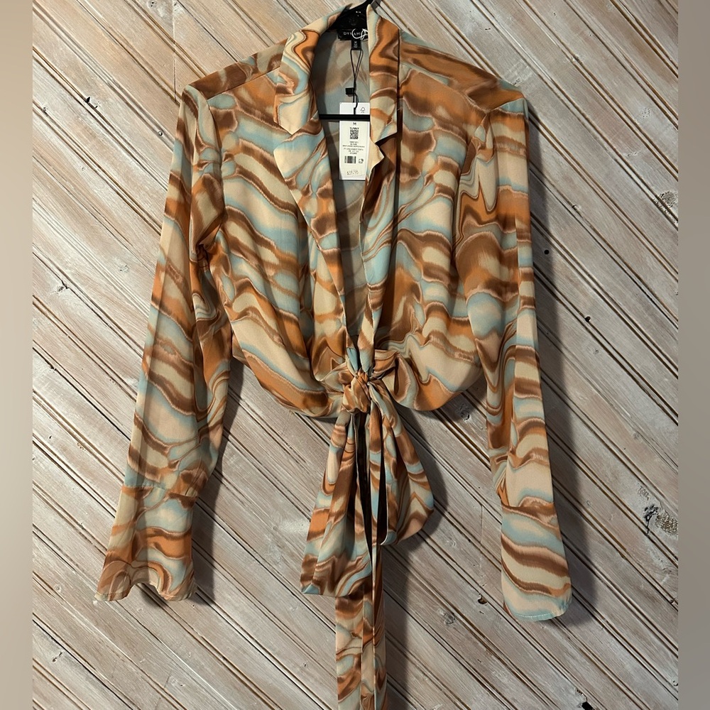 Dynamite Brown & Blue Wrap Around Cropped Tie-Front Blouse Sunny